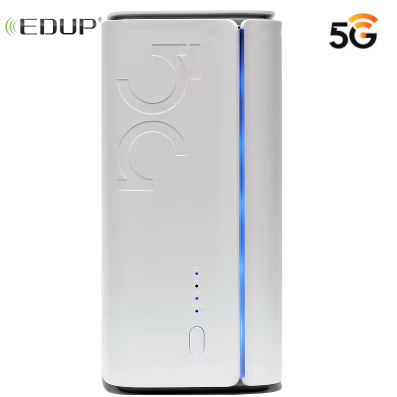 White router with 5G logo and EDUP branding on a white background