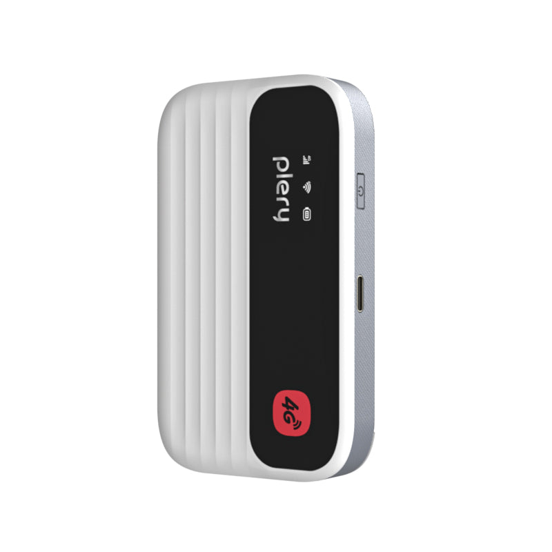 Portable 4G router with 'plery' branding on a white background