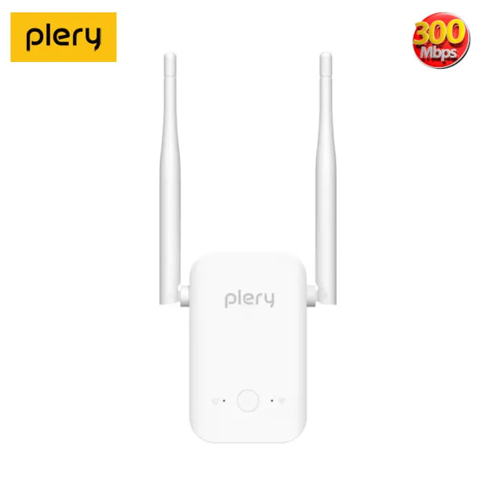 White router with antennas on a white background, featuring the plery brand.