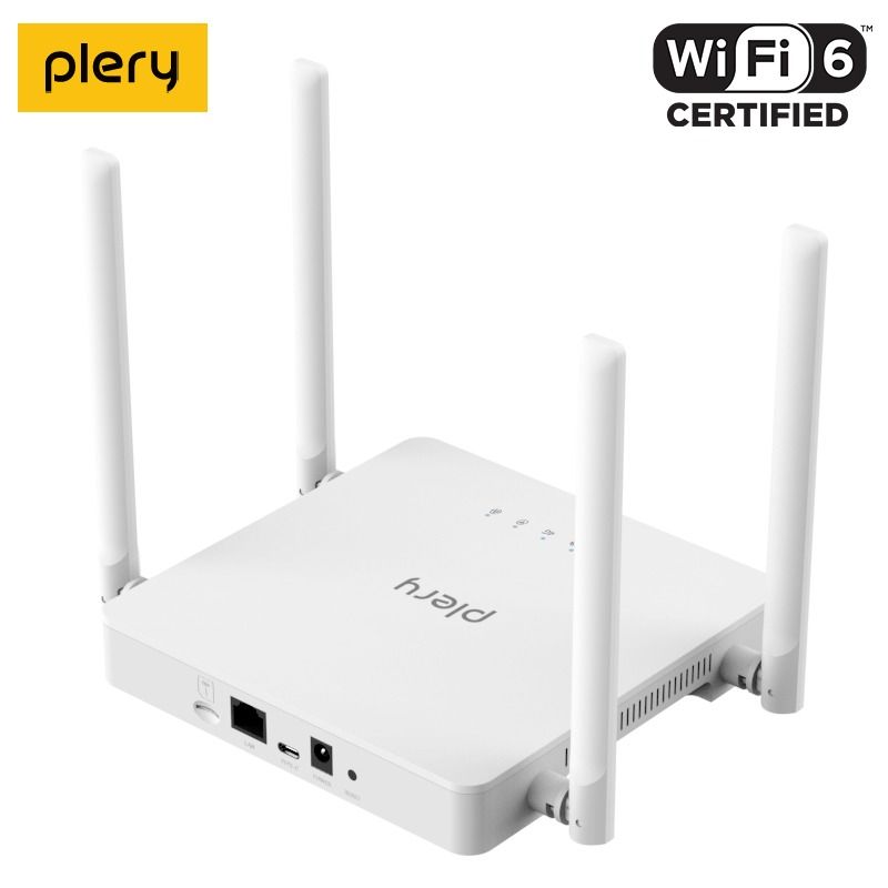 White router with antennas on a white background, featuring Plery logo and WiFi 6 certification badge.