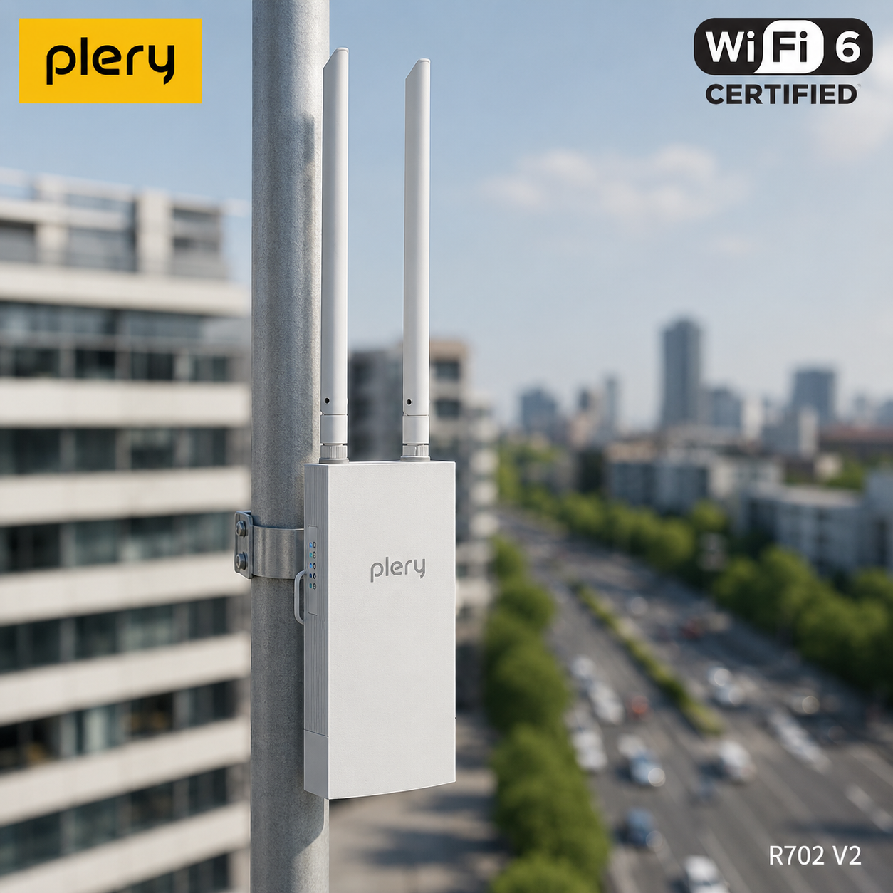Wi-Fi 6 certified plery device on a pole with a cityscape background