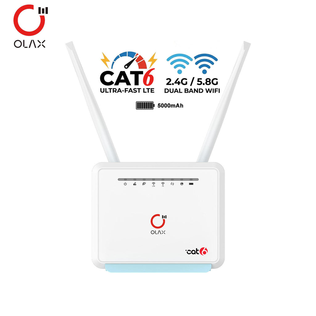 White router with antennas on a white background, featuring OLAX branding.