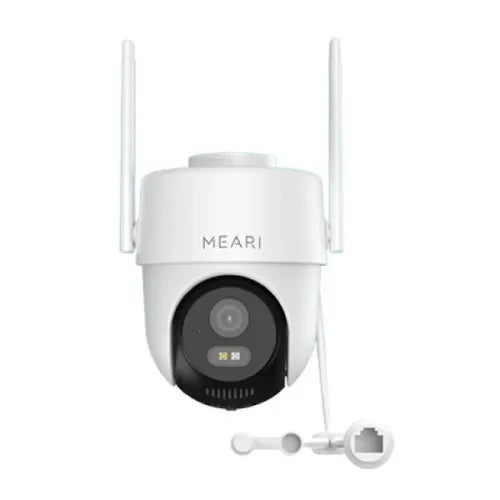 White outdoor security camera with dual antennas and mounting bracket shown