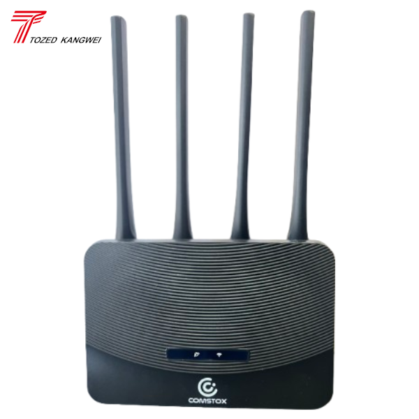 Black router with four antennas on a white background, featuring the Comstox logo.