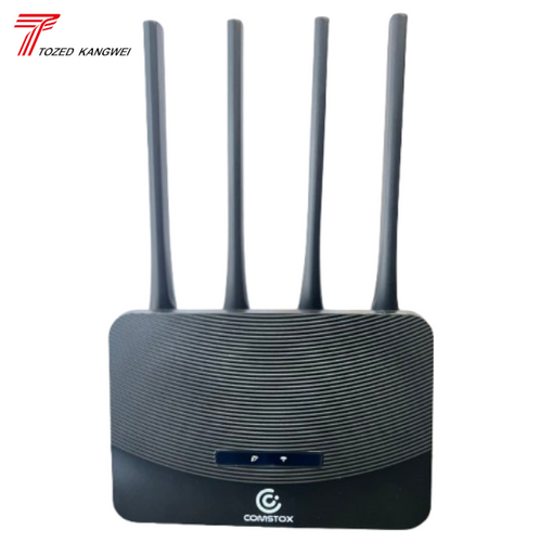 Black router with four antennas on a white background, featuring the Comstox logo.