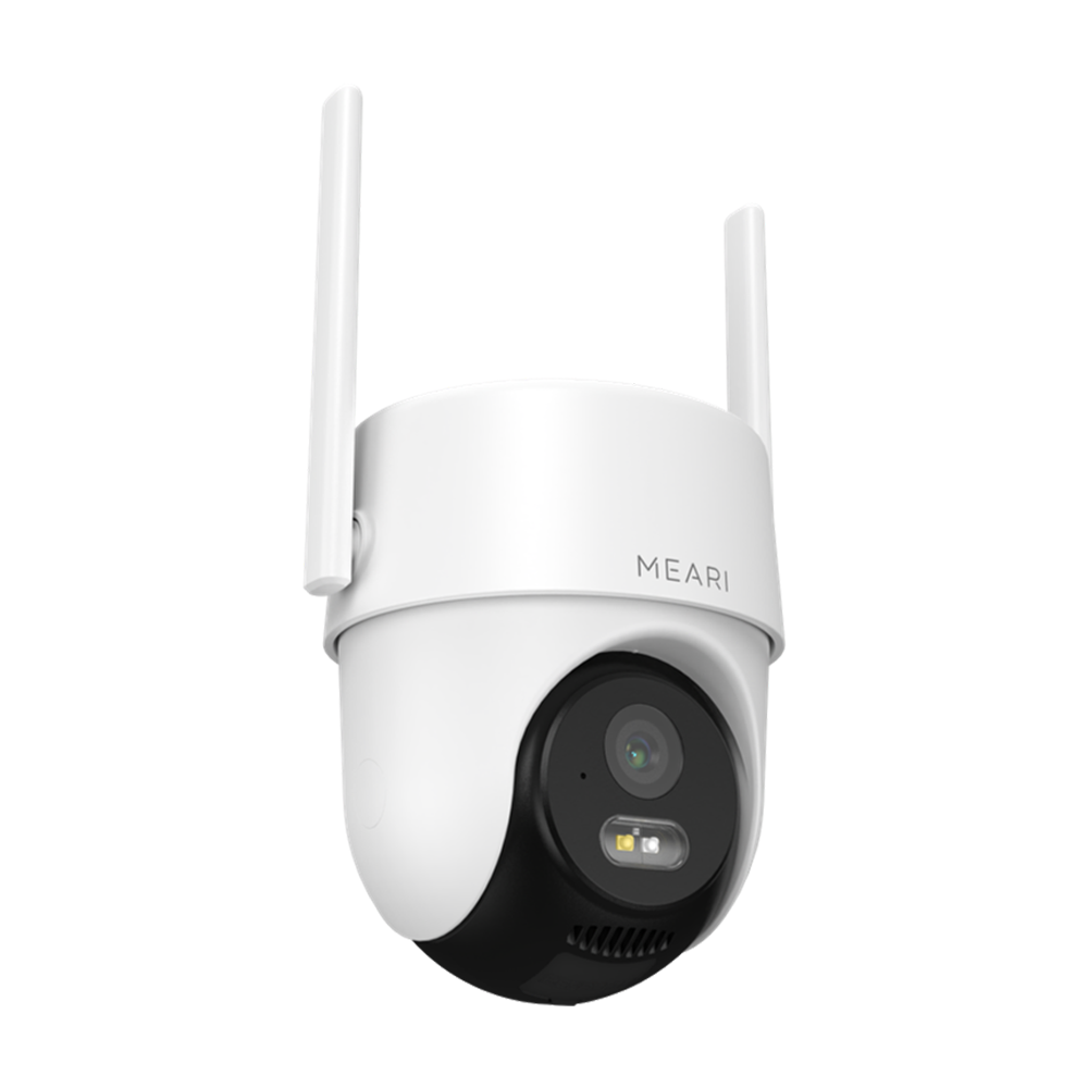 White outdoor security camera with dual antennas and black lens housing